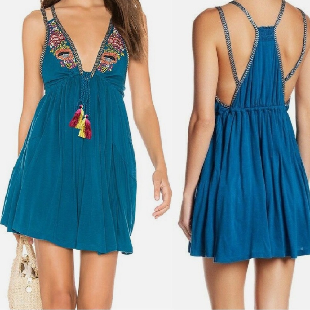Free People Lover’s Cove Teal Embroidered Sundress with Tassels size Small